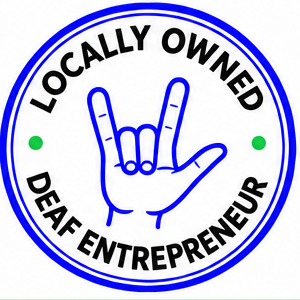 Locally Owned Deaf Entrepreneur badge featuring the ASL I love you handshape